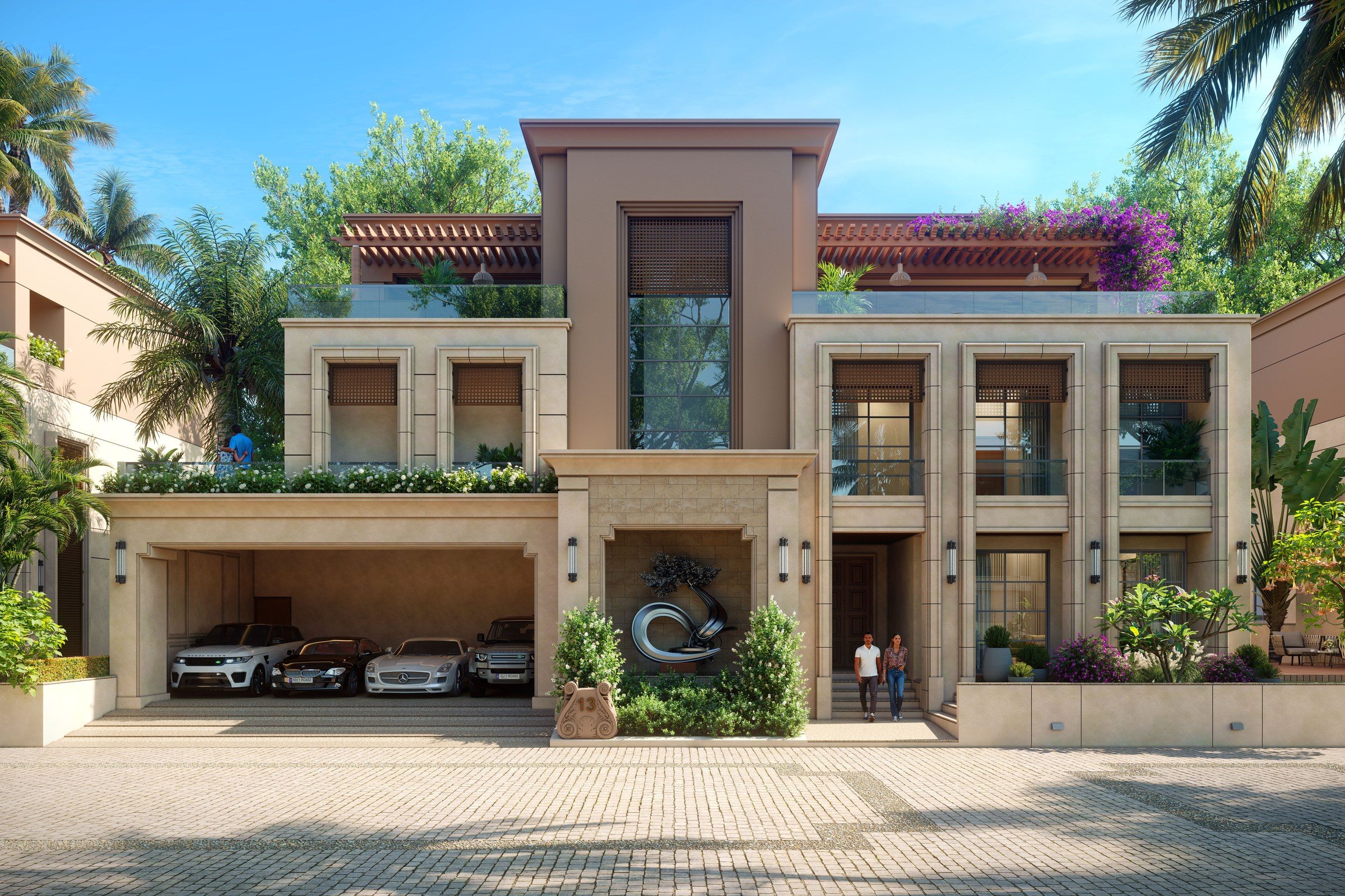 A stunning modern villa showcasing luxury and elegance with exotic cars and lush greenery